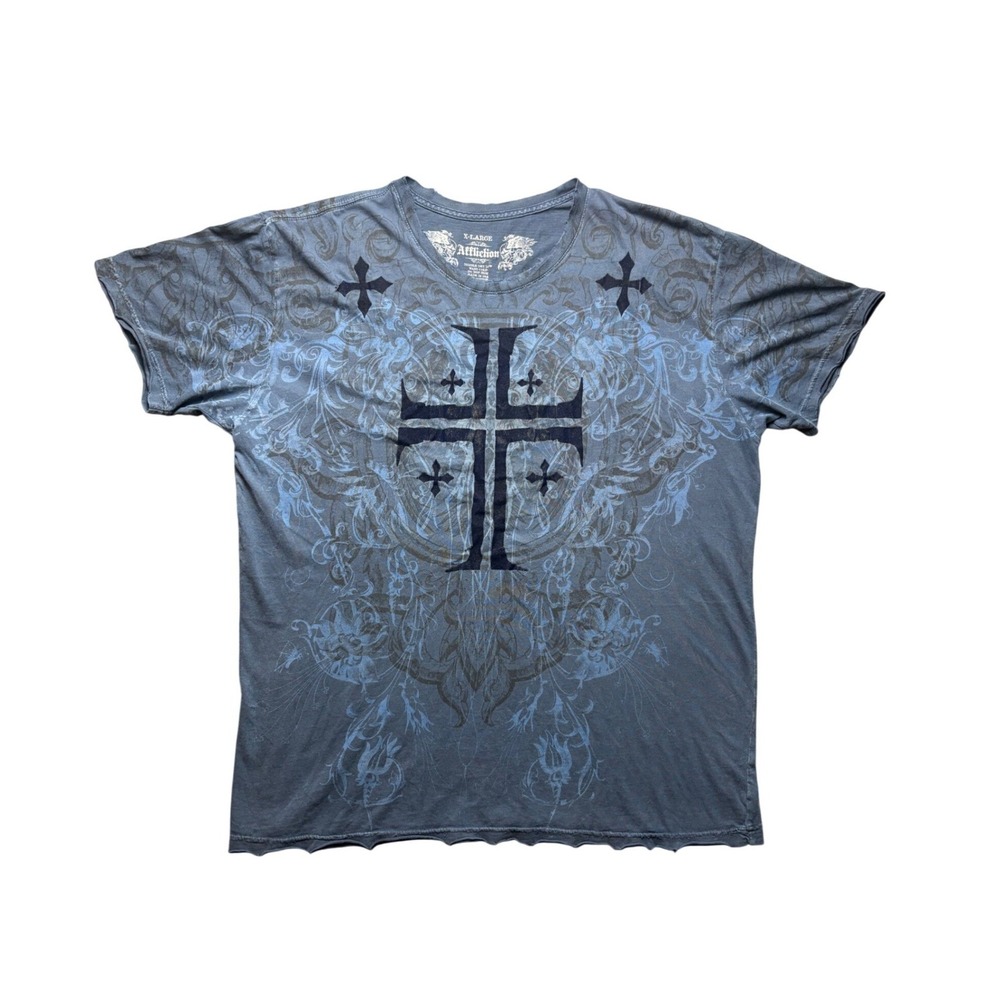 Affliction T Shirt Mens XL Blue Cotton Graphic Cross Distressed Y2K MMA Gym